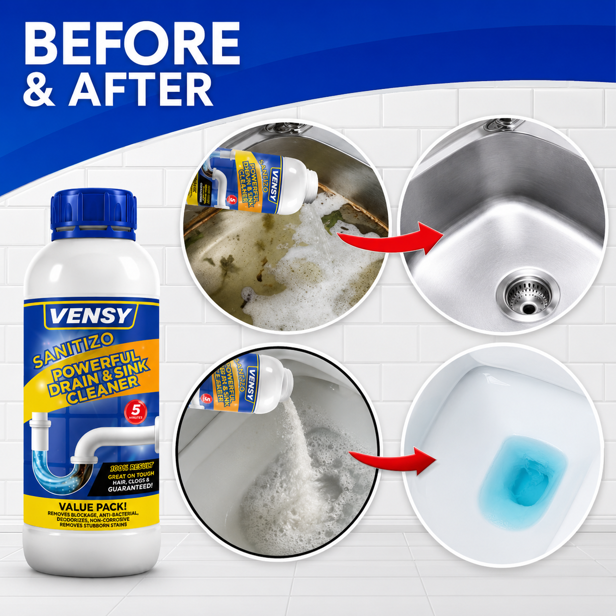 SANITIZO POWERFUL DRAIN & SINK CLEANER POWDER (PACK OF 4)