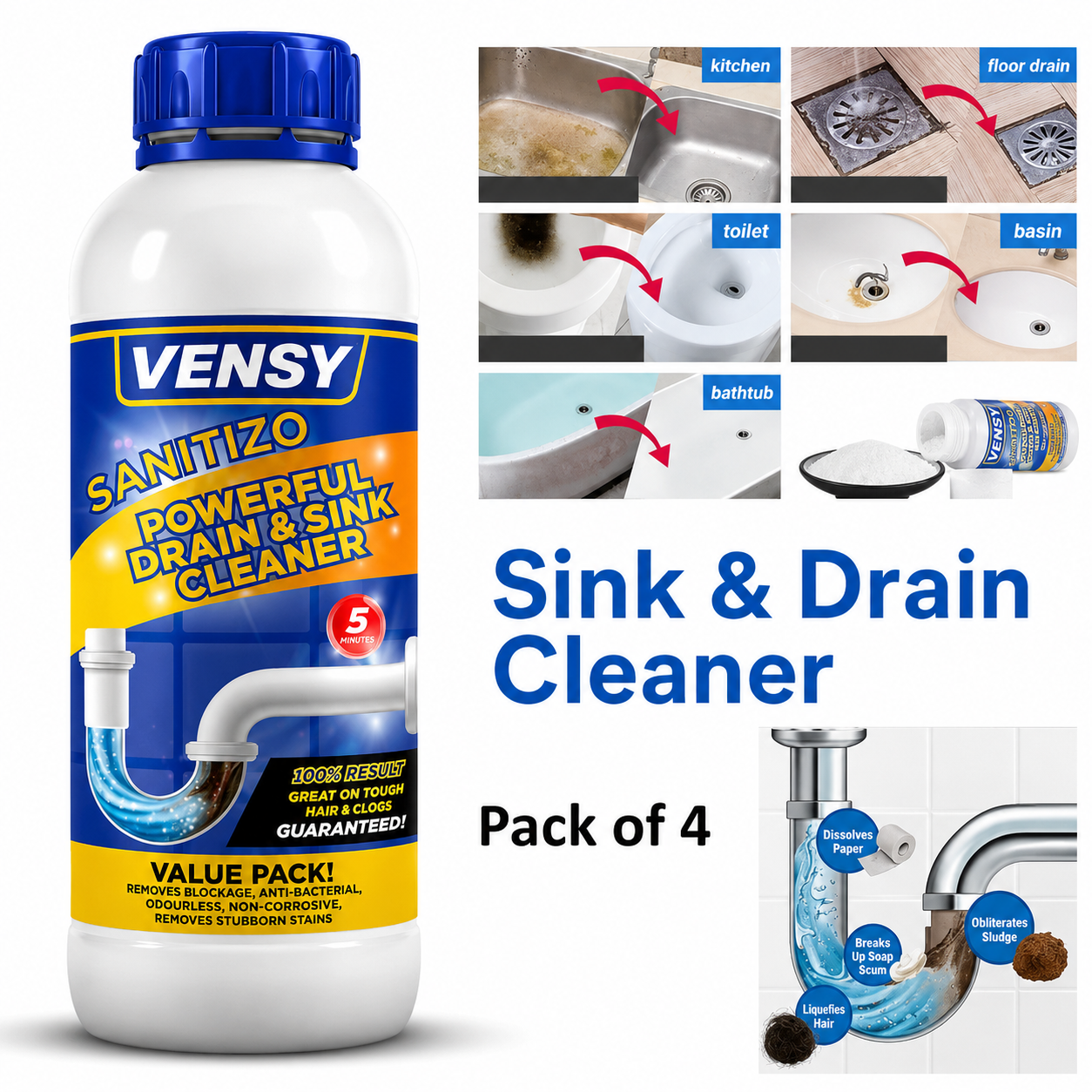 SANITIZO POWERFUL DRAIN & SINK CLEANER POWDER (PACK OF 4)