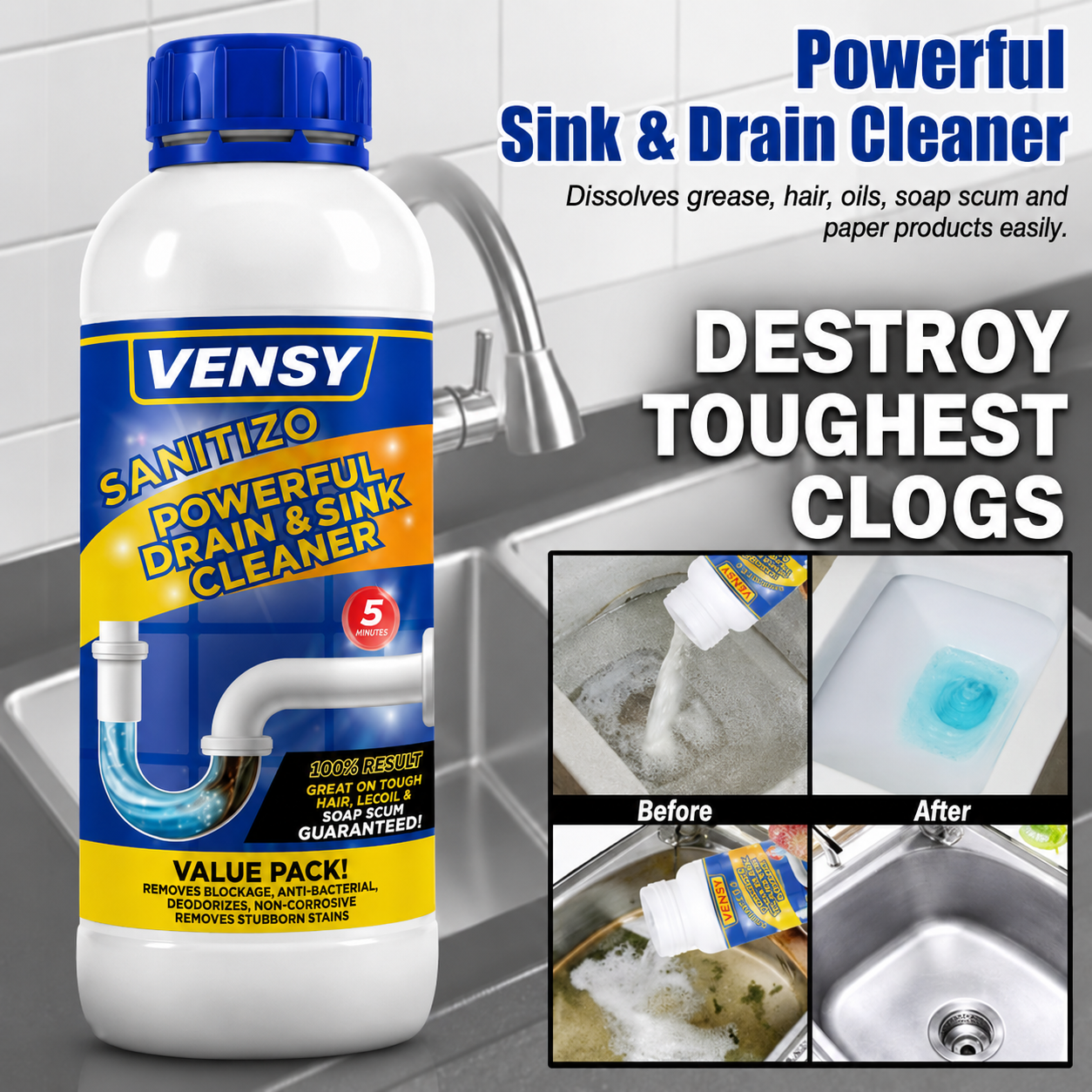 SANITIZO POWERFUL DRAIN & SINK CLEANER POWDER (PACK OF 4)