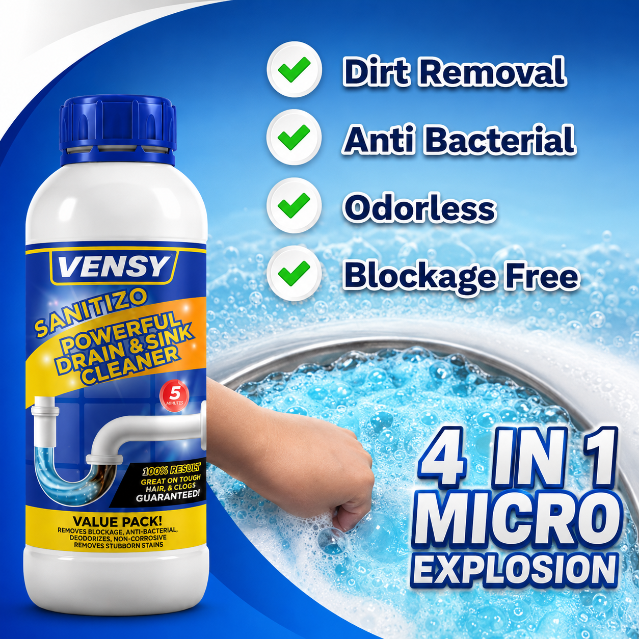 SANITIZO POWERFUL DRAIN & SINK CLEANER POWDER (PACK OF 4)