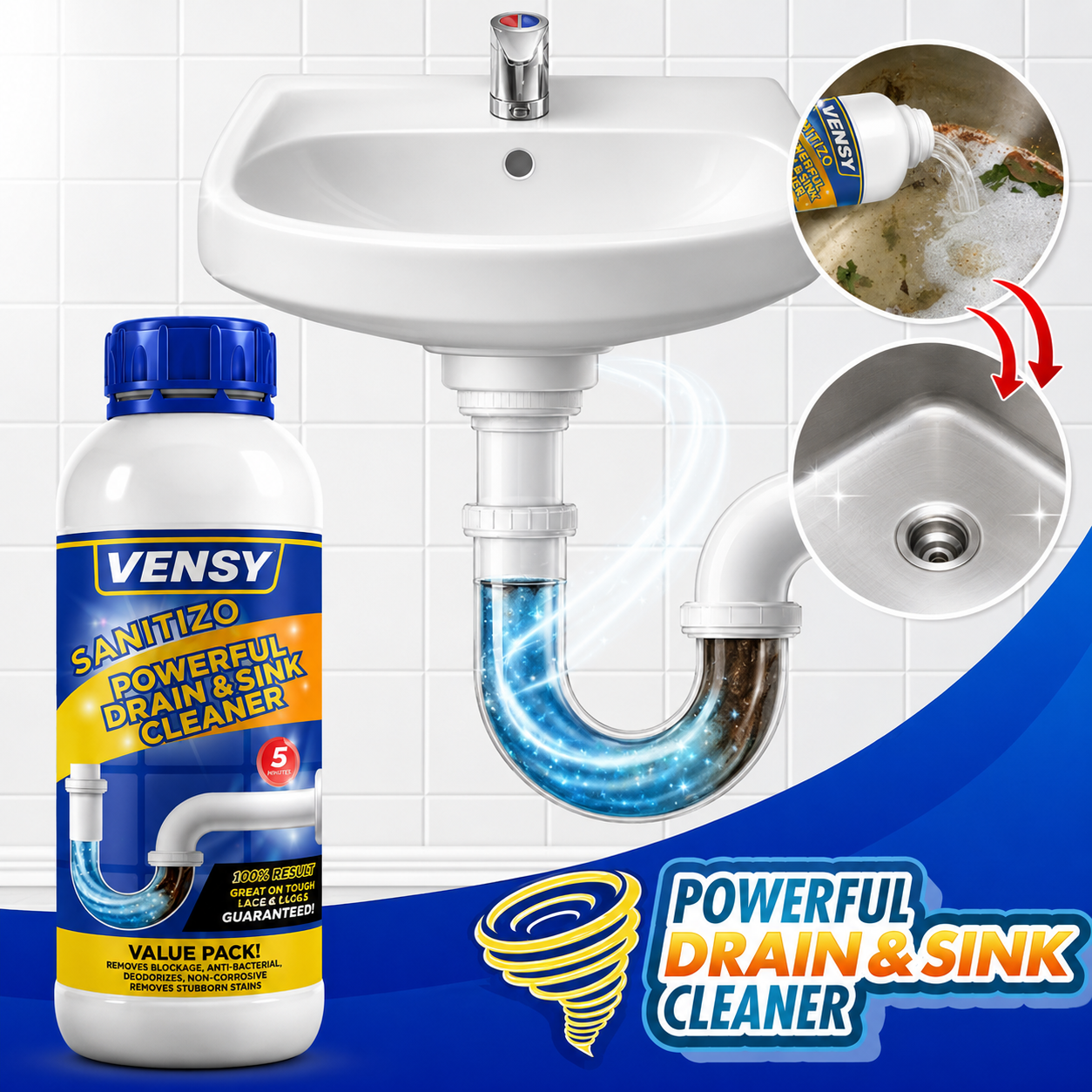 SANITIZO POWERFUL DRAIN & SINK CLEANER POWDER (PACK OF 4)